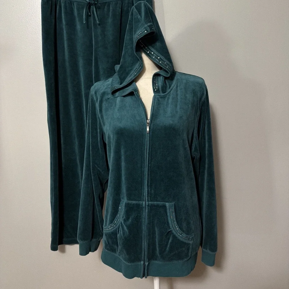 SB Active Women Emerald Green Velour Tracksuit Jewel Stud Trim XL Hoodie Pants